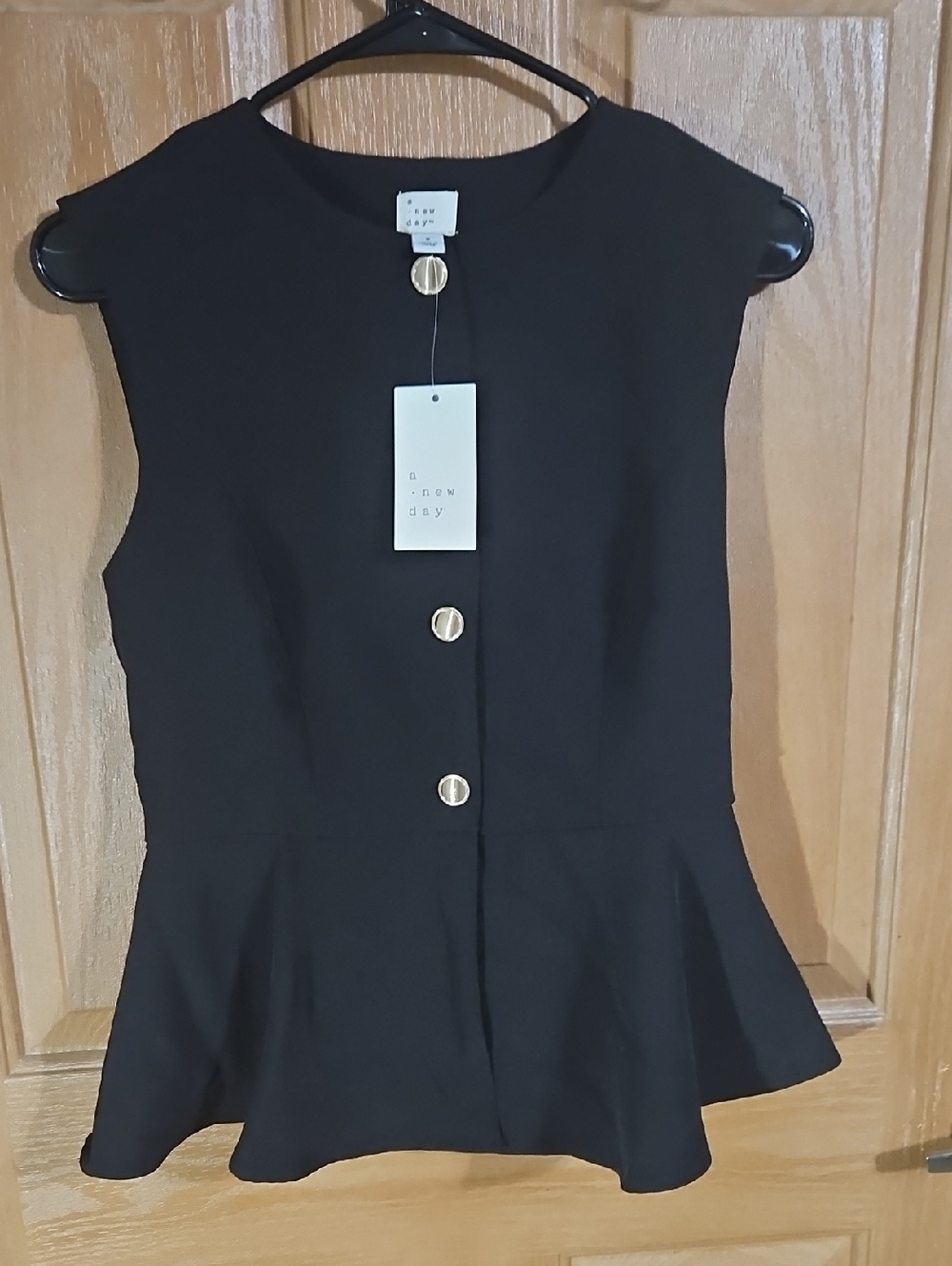 a new day Black Sleeveless Peplum Top with Gold Buttons